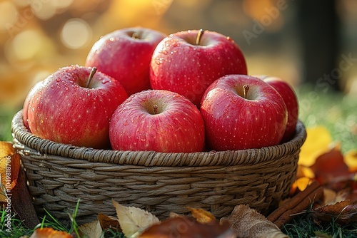 A basket of apples is sitting on the grass with leaves scattered around it