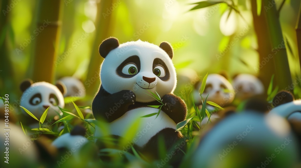 Cute Cartoon Pandas in Vivid Green Background