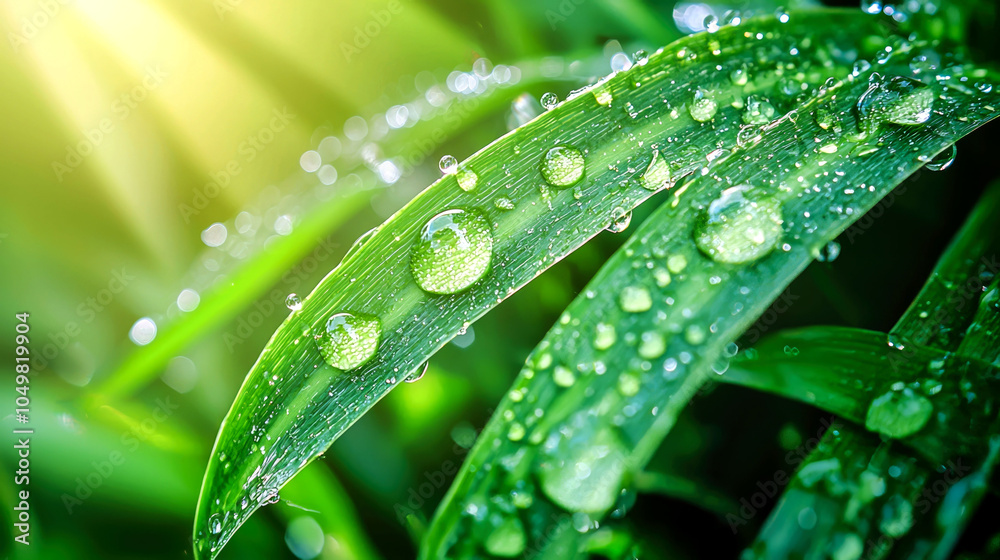 Naklejka premium Dew drops on green grass blades in morning sun.