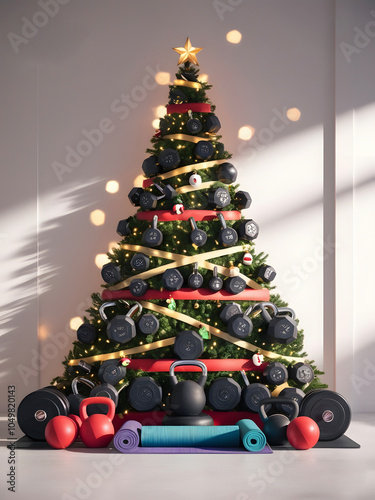 Festive Christmas tree of gym equipment, holiday poster with copy space.
