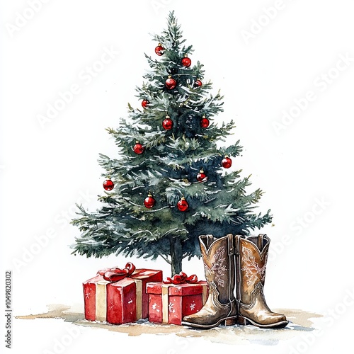 Christmas Tree with Gifts and Cowboy Boots, Festive Christmas scene featuring a decorated tree, wrapped gifts, and cowboy boots, blending holiday tradition with rustic charm.

