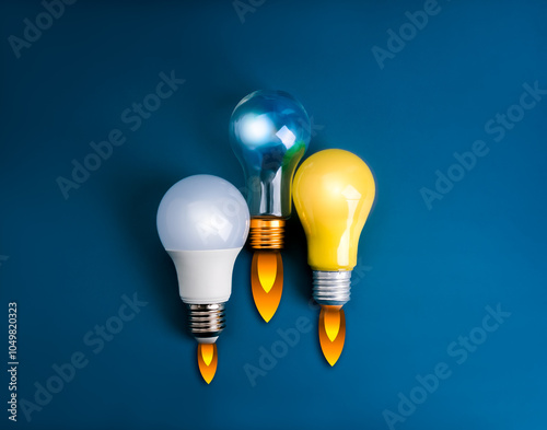 Business and innovation compete, creative idea, inspiration, education knowledge and learning, startup concept. 3 lightbulbs with fire smoke graphic as spaceship or rocket launch on blue background.