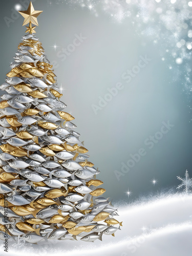 Christmas tree illustration with fish, holiday design, copy space included