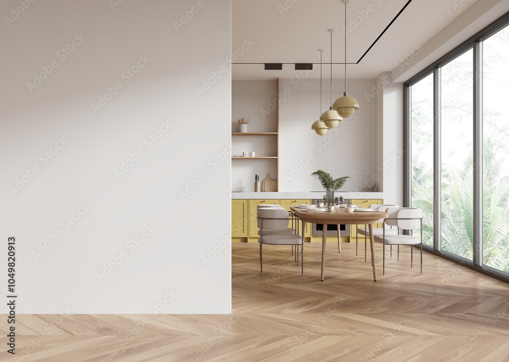 Fototapeta premium Minimalist kitchen with empty wall for mockup. 3D Rendering