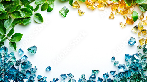 Green leaves and blue and yellow gemstones frame a white background.