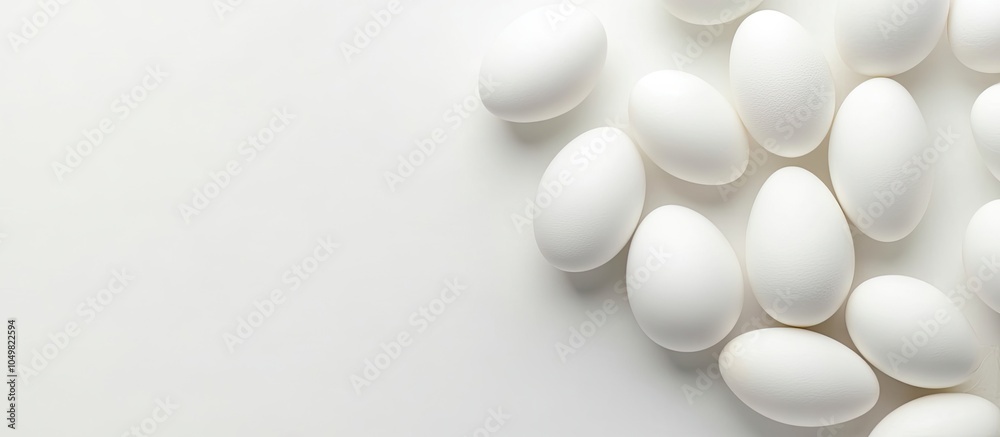 Fresh white cage free eggs on a white background with copy space Fresh white cage free eggs on a white background with copy space