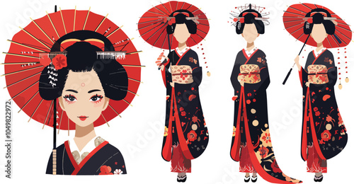 Japanese Geisha Women in Kimono with Red Traditional Umbrella Japan Culture Asian Tradition Illustration Set