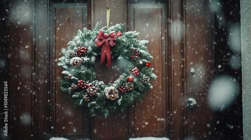 Snowy Christmas Wreath on Wooden Door