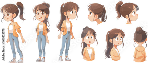 Cute cartoon girl character model sheet with different views emotions poses and expressions happy sad surprised walking standing design asset for animation video game comic book