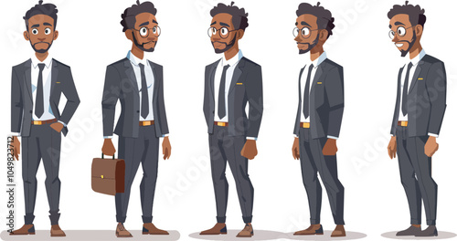 African American businessman in different poses character design vector illustration suit office worker professional man standing executive male person isolated background corporate adult