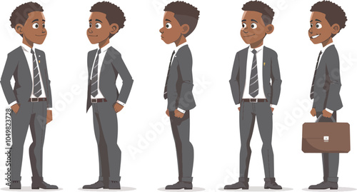 Confident African American businessman character for animation different poses and views corporate worker professional office attire suit and tie full length illustration isolated white background