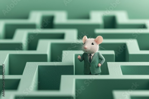 Rat race at work concept. A miniature mouse in a green suit navigates a stylized green maze creating a whimsical and playful scene
