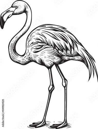 Black and white line drawing illustration of a flamingo bird wading water exotic tropical wildlife animal nature conservation zoology ornithology