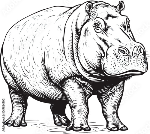 Black and white illustration of a hippopotamus standing wildlife animal mammal nature Africa safari engraving etching sketch drawing vintage retro old fashioned zoology zoo endangered species