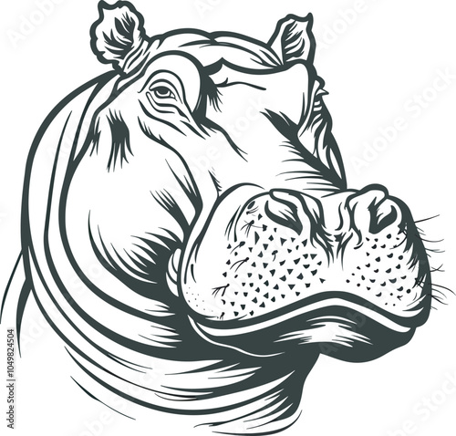 Black and white illustration of a hippopotamus head for wildlife branding endangered species awareness tattoo design mascot and more