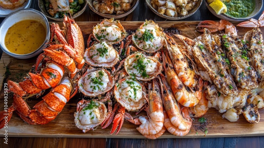 Rustic Platter of Crustaceans on Wooden Board Rustic Platter of Crustaceans on Wooden Board