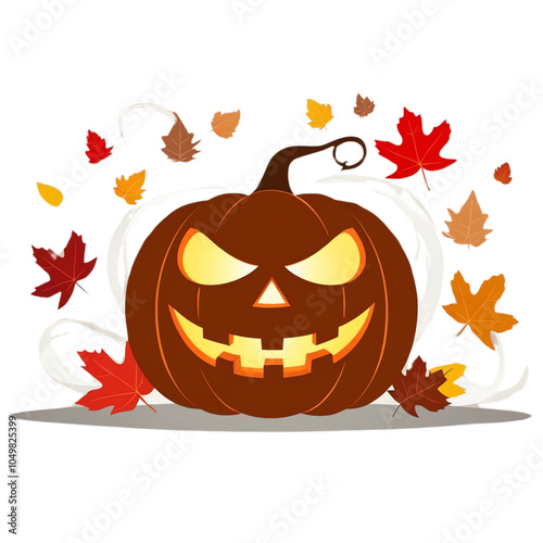 Spooky jack-o'-lantern with autumn leaves, perfect for Halloween decorations