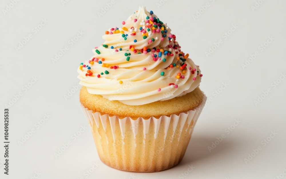 Cupcake with Frosting: A single cupcake with colorful frosting and sprinkles, adding sweetness and charm to a white background Cupcake with Frosting: A single cupcake with colorful frosting and sprinkles, adding sweetness and charm to a white background