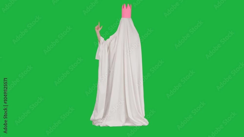 Halloween ghost in white sheet and pink crown posing pointing hand finger at side isolated on chroma key green screen background, full length. Spooky concept. Halloween ghost in white sheet and pink crown posing pointing hand finger at side isolated on chroma key green screen background, full length. Spooky concept.