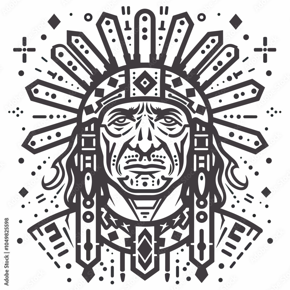 Fototapeta premium Native American Chief Black And White Portrait Illustration Tribal Art Indigenous Culture Headdress Tattoo Design