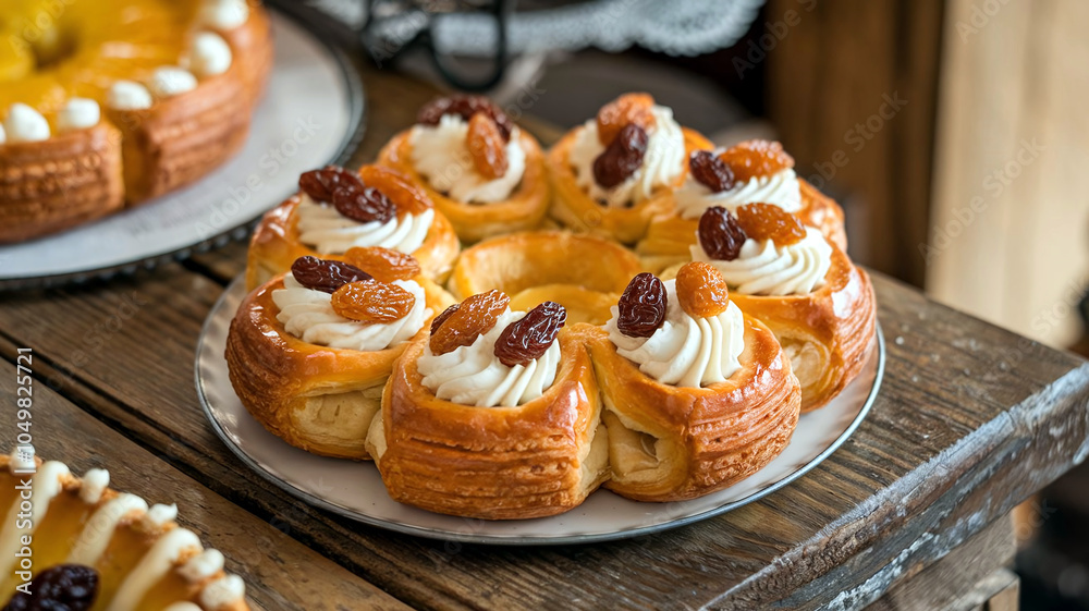 Close-up of a flaky Danish pastry topped with creamy cheese and raisins, set against a cozy bakery backdrop, capturing a warm and inviting breakfast scene. Close-up of a flaky Danish pastry topped with creamy cheese and raisins, set against a cozy bakery backdrop, capturing a warm and inviting breakfast scene.