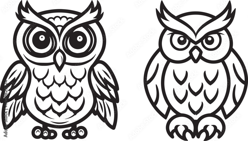 Fototapeta premium Two Black And White Owls Mascot Character Design With Big Eyes And Sharp Claws Perfect For Logo Or Tattoo Inspiration Bird Animal Wildlife Night Vision Wisdom Knowledge Nocturnal Predator Hunting