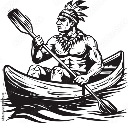 Native American Indian man paddling canoe river lake black and white illustration rowing paddling adventure outdoors wilderness wild west travel explore history indigenous people culture tribal