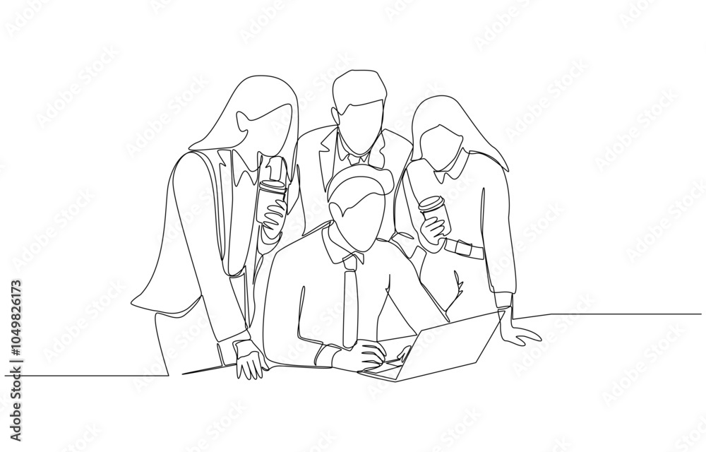 Continuous one line drawing of young male employee working on laptop with colleagues surrounding him to comment his work, work conference, assistance in reviewing work concept, single line art. Continuous one line drawing of young male employee working on laptop with colleagues surrounding him to comment his work, work conference, assistance in reviewing work concept, single line art.