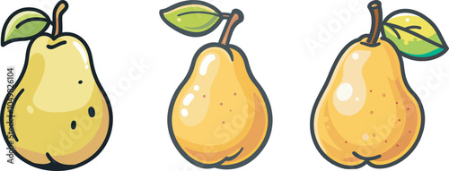 Three cartoon pears with leaves isolated on white background organic healthy food vitamins vegan snacks fruit yellow green colors healthy eating ripe juicy sweet fruit illustration vegetarian diet