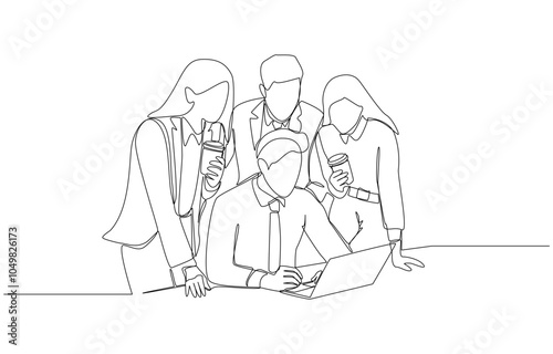 Continuous one line drawing of young male employee working on laptop with colleagues surrounding him to comment his work, work conference, assistance in reviewing work concept, single line art.