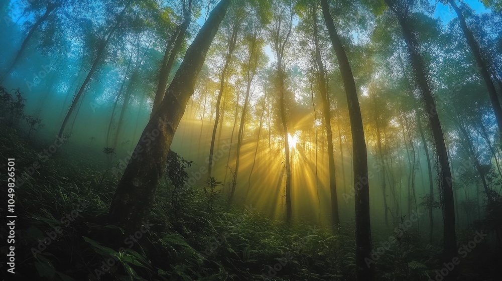 Obraz premium Sunlight Beams Through Misty Forest