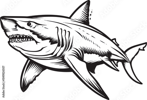 Black and white great white shark illustration predator fish ocean wildlife marine life dangerous animal swimming hunting tattoo design logo mascot emblem vintage retro style isolated