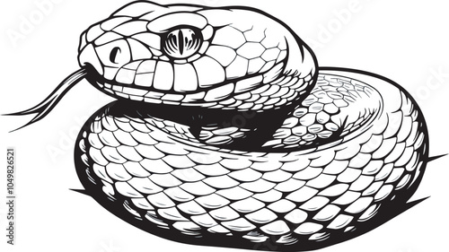 Black and white illustration coiled snake reptile scales wildlife danger venomous serpent herpetology zoology mascot logo tattoo design monochrome drawing graphic art illustration isolated background