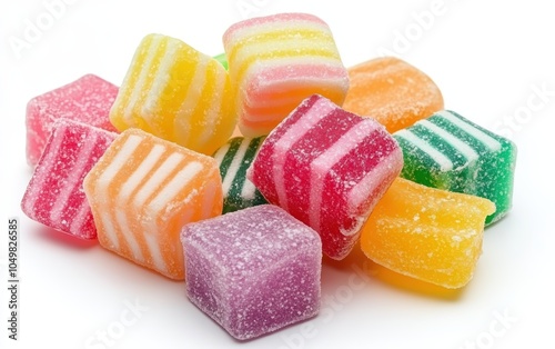 Colorful Candy: A small pile of assorted colorful candy pieces, adding a pop of brightness on a white background 