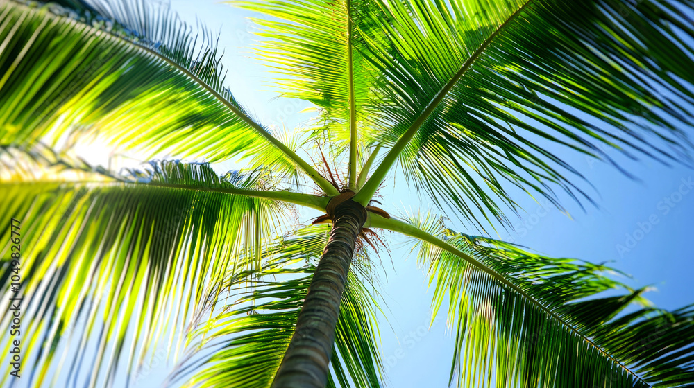 Fototapeta premium Palm tree leaves against a bright blue sky.