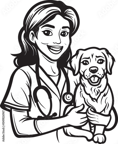 Smiling female veterinarian holding a dog veterinary medicine animal care pet care medical professional healthcare worker doctor clinic illustration black and white line art logo mascot design graphic