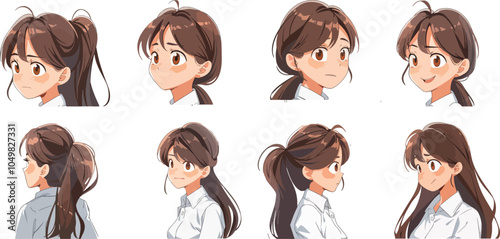 Anime girl character sheet with different facial expressions and emotions for animation and comics happy surprised sad angry confused and other feelings side view front view vector illustration design