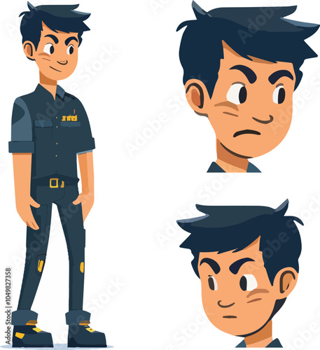 Young adult male character wearing workwear with multiple facial expressions and poses for animation assets design flat vector illustration isolated on white background