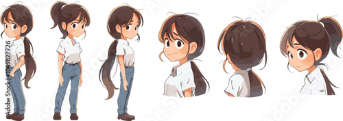 Anime school girl character design sheet different body positions and face expressions with large eyes long dark hair ponytail and uniform cute illustration digital art manga style comic strip video