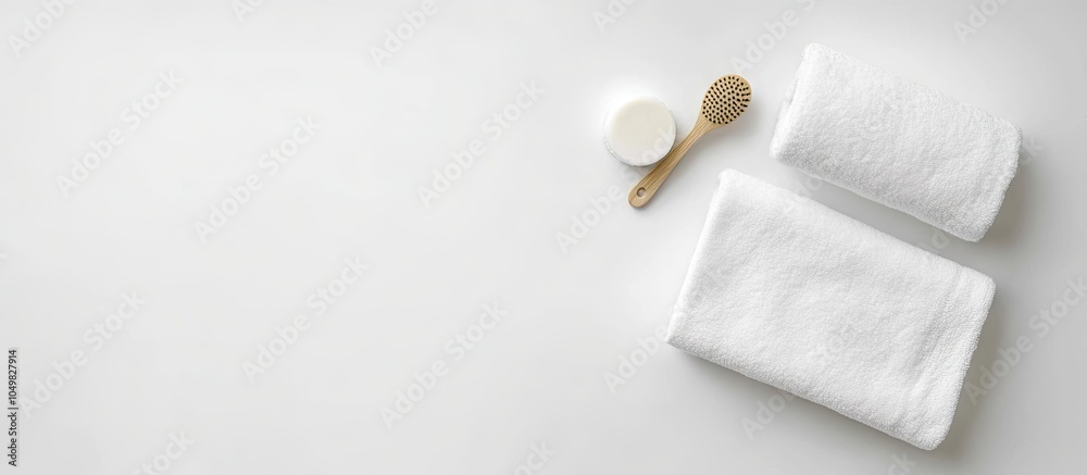 Fototapeta premium Glove case cream and bath soap on a white background Hammam and spa theme Top view flat lay copyspace