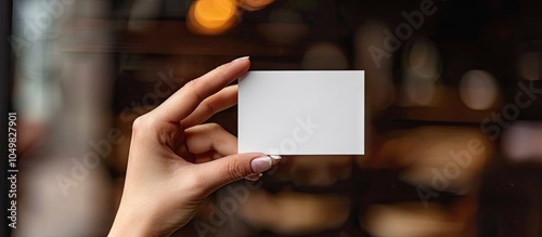 A girl s hand is holding a blank business card The card is horizontal. with copy space image. Place for adding text or design photo