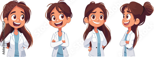 Happy cartoon young female doctor character healthcare professional poses set illustration