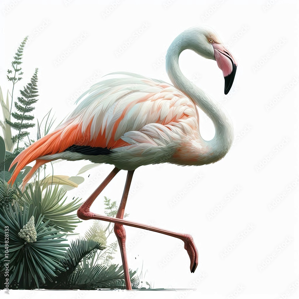 Obraz premium illustrate Flamingo bird as a realistic painting with a flat block colour australian native plant in the background