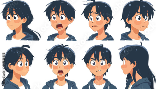 Anime style character expressions set various face emotions boy girl teenager avatar head manga cartoon illustration avatar comic digital art isolated background happy sad angry confused surprised