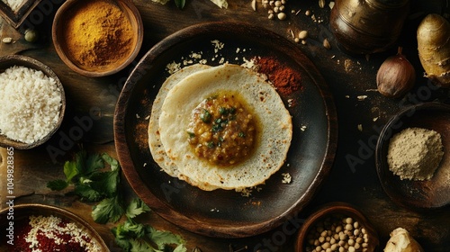 Appam and stew plated beautifully, surrounded by Kerala spices, capturing the vibrant flavors and culture of South Indian breakfast.