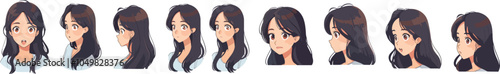 Anime girl character head angles animation set manga expressions female face avatar portrait with different views long hair