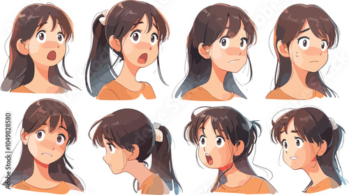 Anime girl character facial expression set illustration hand drawn art comic style manga cartoon surprised shocked scared happy confused curious interested emotions design avatar icon avatar icon