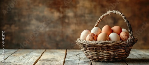 basket of eggs on an aged w...