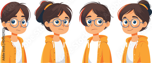 Young woman with glasses facial expressions set avatar character different emotions happy sad angry female portrait cartoon illustration isolated white background collection for animation various