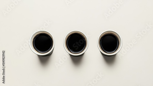 Different sizes of takeaway coffee cups with black coffee on transparent background. Minimalistic top-down view